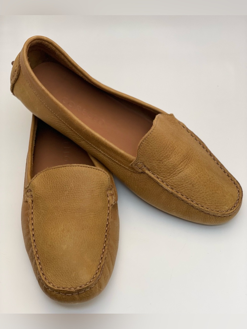 Corello Cognac Pebbled Leather Driving Loafers Women's EU 38, Quiet Luxury Flats